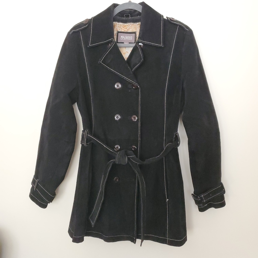 Black suade coat with white stitching